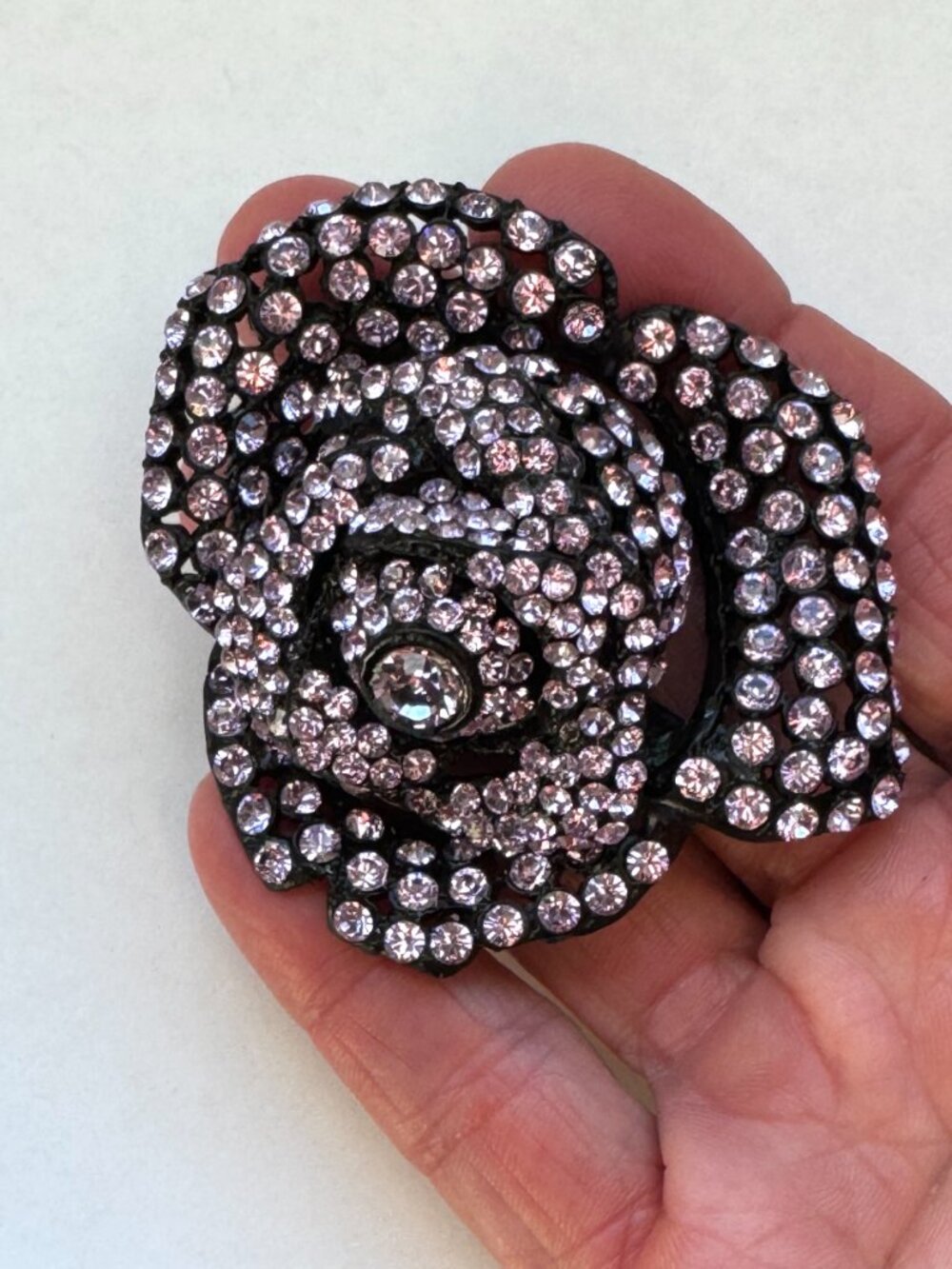 Pink Rose Rhinestone Pin Brooch Large Sculpted Pristine